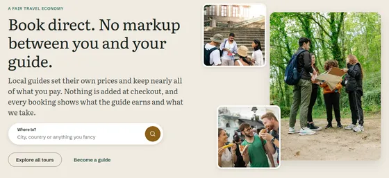 Screenshot of homepage of guidesunited.com where it reads Book direct. No markup between you and your guide. There is a search bar for general search in the page and 3 decorative images showing guides in action.